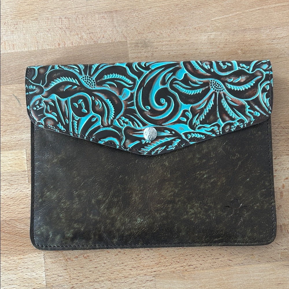 Patricia Nash Tooled Floral Turquoise & Brown Leather Envelope Clutch